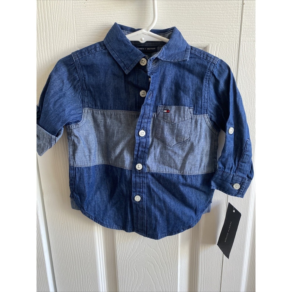 Tommy Hilfiger Colorblock Denim Button Down Shirt Mens Size 12M Blue Cotton Kids